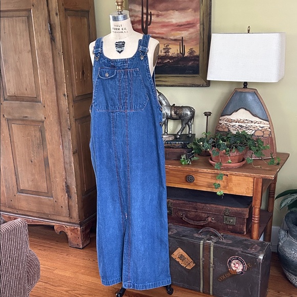Vintage Dresses & Skirts - VINTAGE Star Wear Jeans Blue Denim Overalls Pinafore Dress Midi Maxi Length